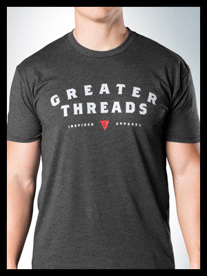 Greater Threads Shirt – Charcoal premium fitted crew with light gray and red logo print.