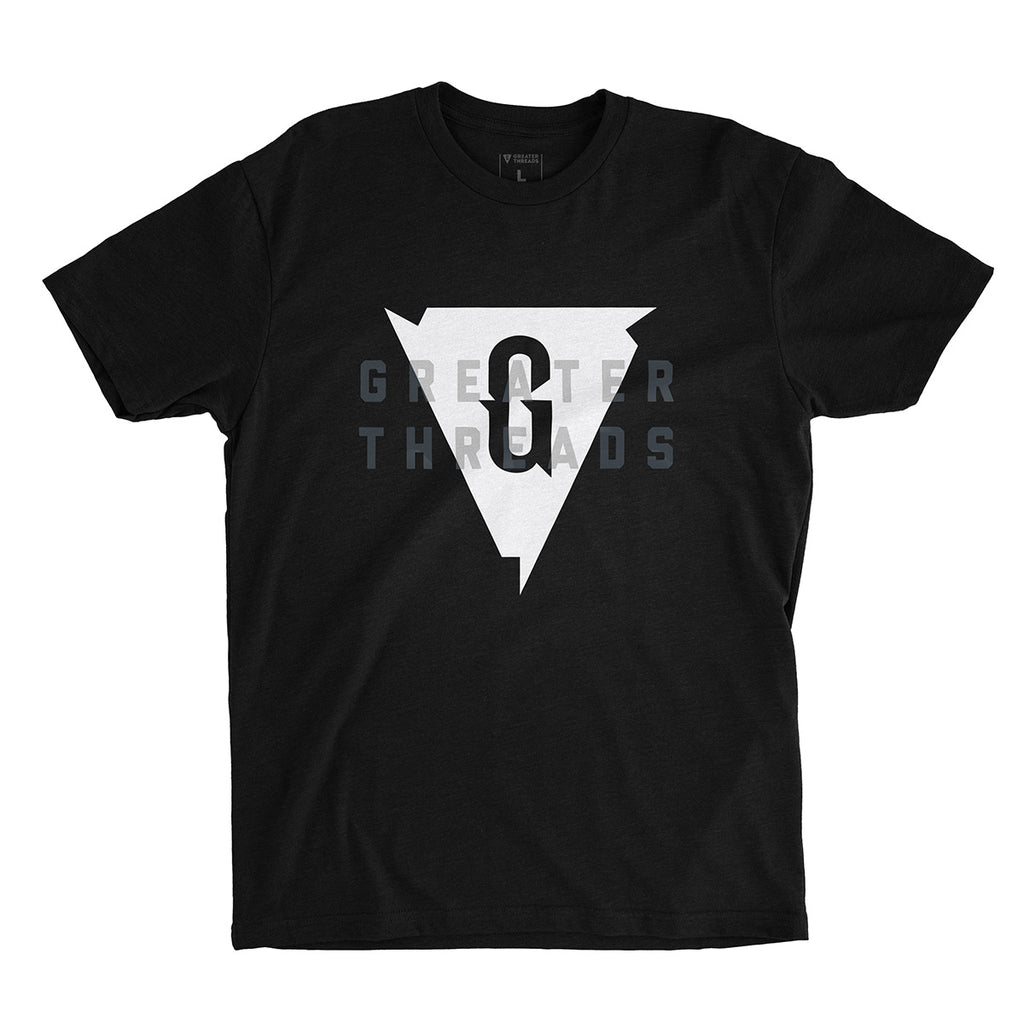 Greater Threads Logo Shirt – Black premium fitted crew with light gray logo print.