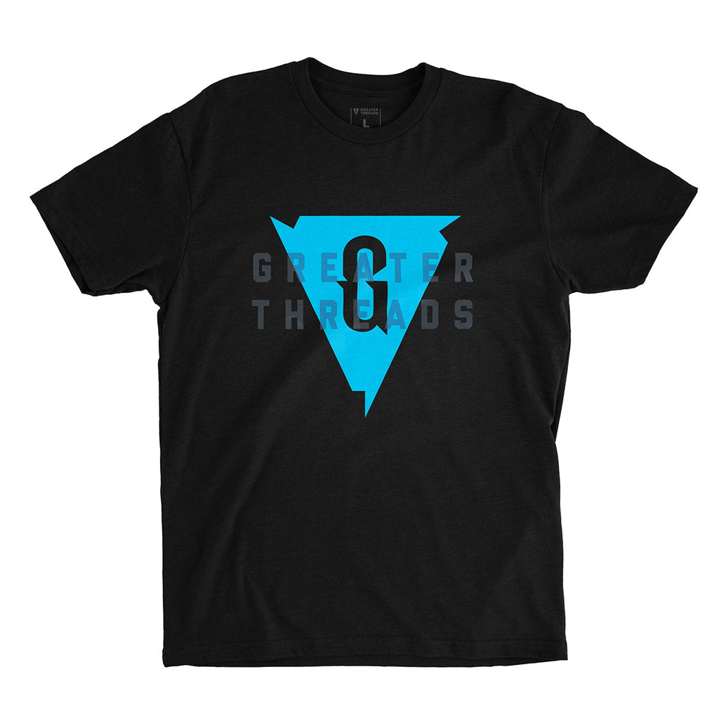 Greater Threads Logo Shirt – Black premium fitted crew with blue logo print.