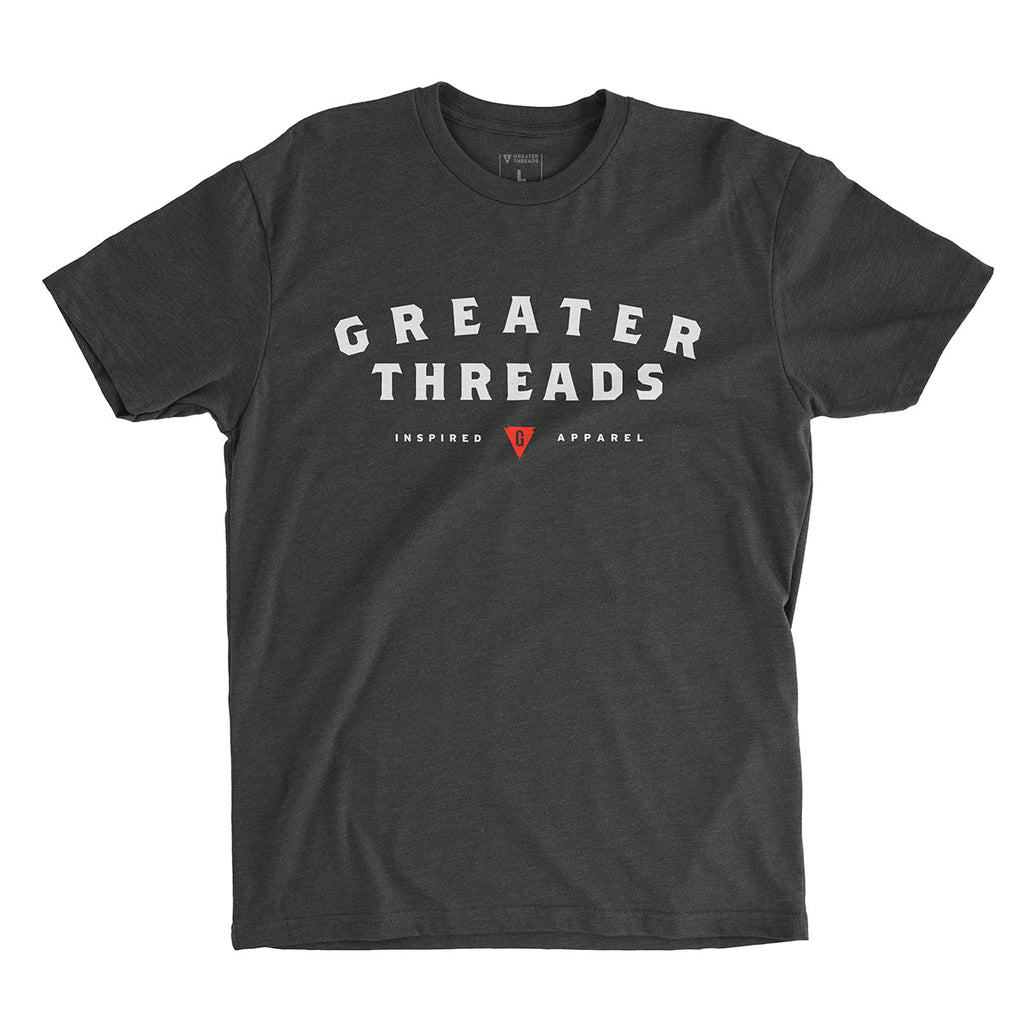 Greater Threads Shirt – Charcoal premium fitted crew with light gray and red logo print.