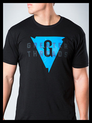 Greater Threads Logo Shirt – Black premium fitted crew with blue logo print.