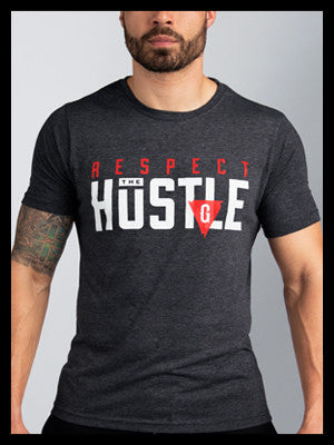 Respect the Hustle T-shirt – Charcoal premium fitted crew with red and white print.