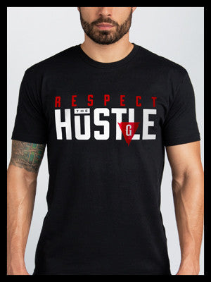 Respect the Hustle T-shirt – Black premium fitted crew with red and white print.