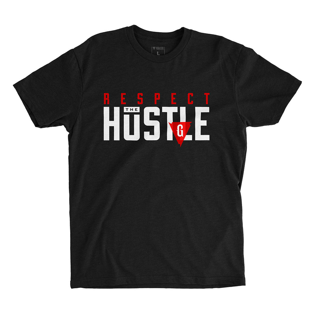 Respect the Hustle T-shirt – Black premium fitted crew with red and white print.