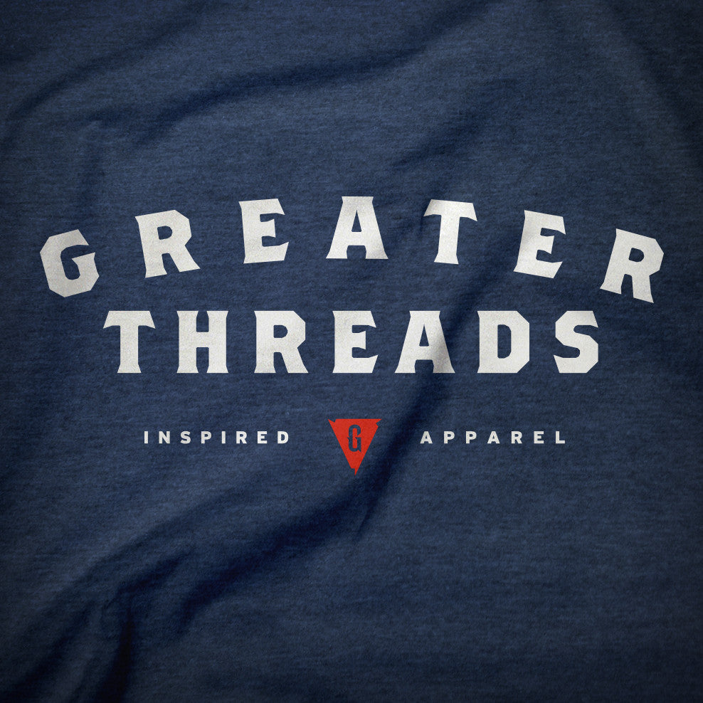 Greater Threads Shirt – Navy premium fitted crew with light gray and red logo print.