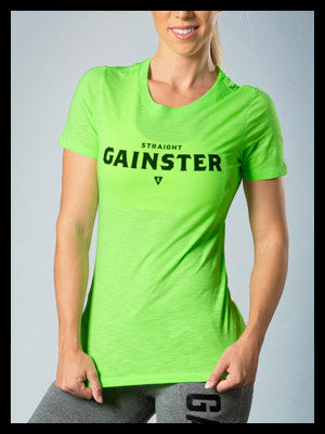 Women's Straight GAINSTER Tee - Neon green premium fitted crew with black print