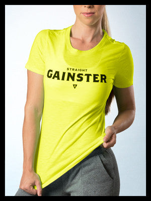 Women's Straight GAINSTER Tee - Neon yellow premium fitted crew with black print