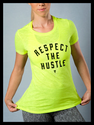 Women's Respect the Hustle Tee - Neon yellow premium fitted crew with black print and white logo print