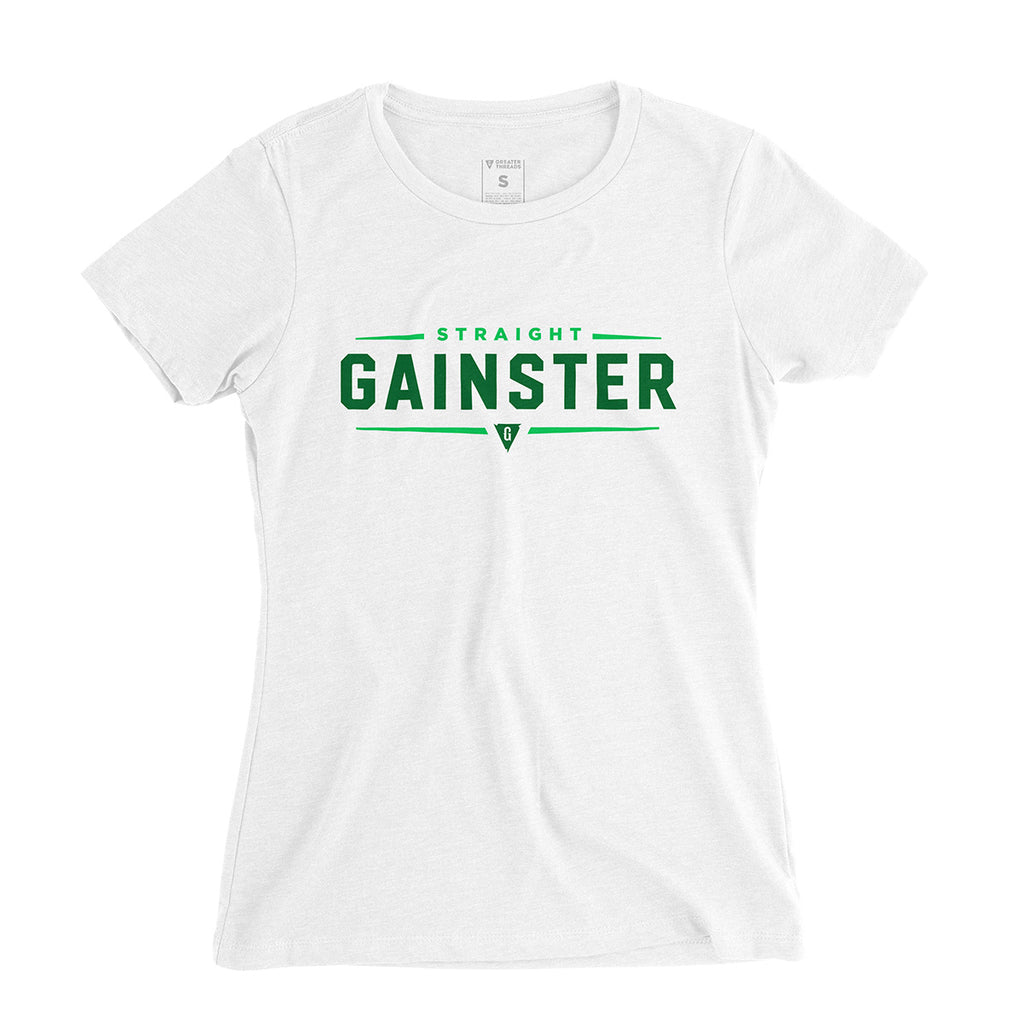 Women's Straight GAINSTER Tee - White premium fitted crew with two-tone green print