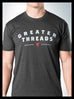 Greater Threads Shirt – Charcoal premium fitted crew with light gray and red logo print.