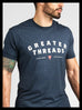 Greater Threads Shirt – Navy premium fitted crew with light gray and red logo print.
