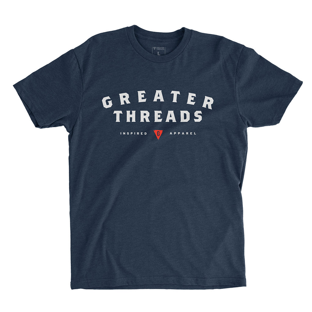 Greater Threads Shirt – Navy premium fitted crew with light gray and red logo print.