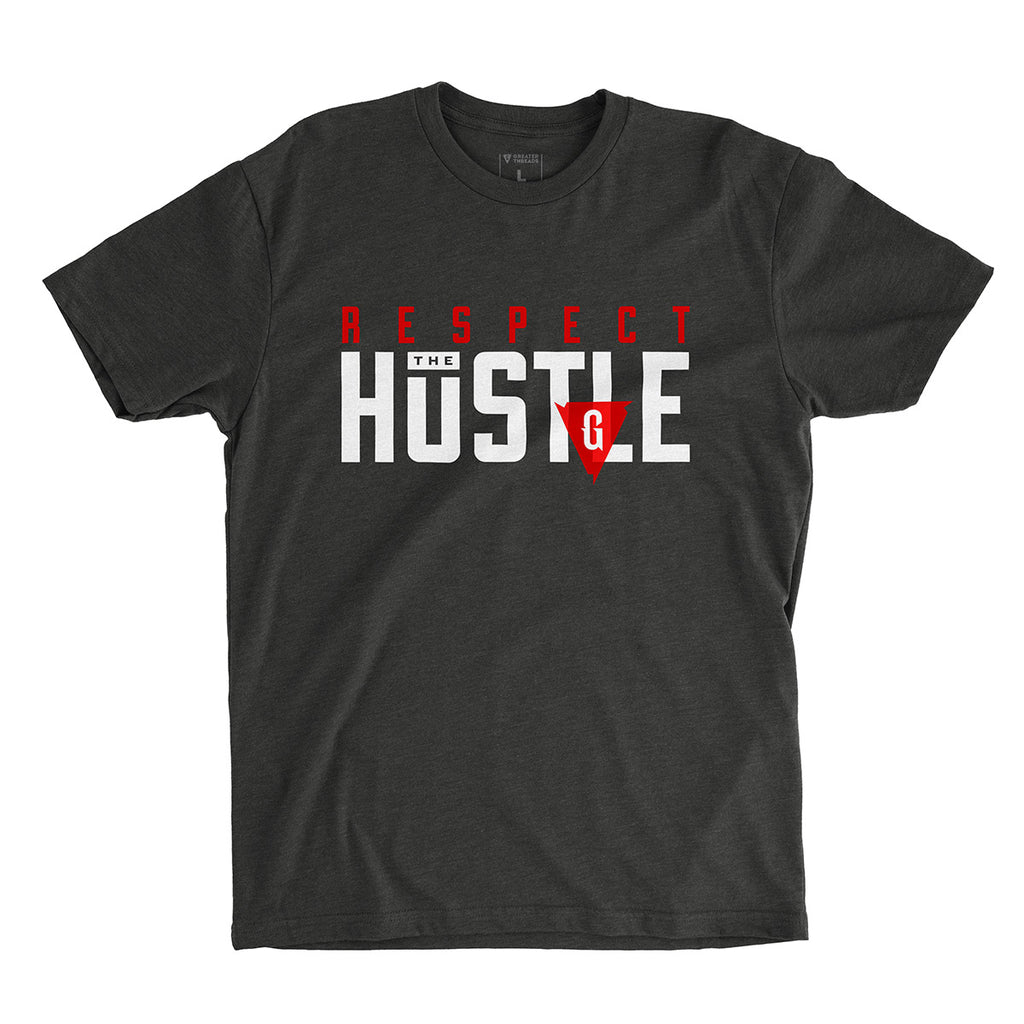Respect the Hustle T-shirt – Charcoal premium fitted crew with red and white print.