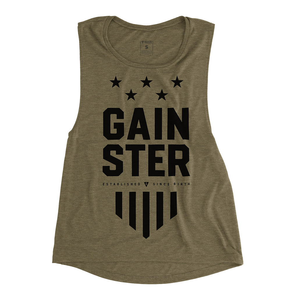 Women's GAINSTER Stars and Stripes Premium Muscle Tank - Army Green with Black Print