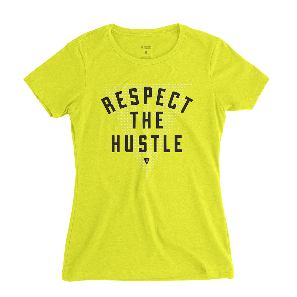 Women's Respect the Hustle Tee - Neon yellow premium fitted crew with black print and white logo print